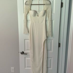 Oh Polly White Formal Dress with Pearled Sleeves